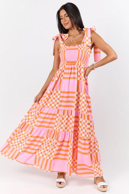 Get The Check Pink and Orange Printed Checkered Maxi Dress