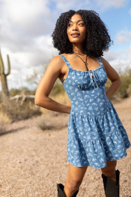 Harmonic Blooms Ditsy Floral Denim Mini Dress